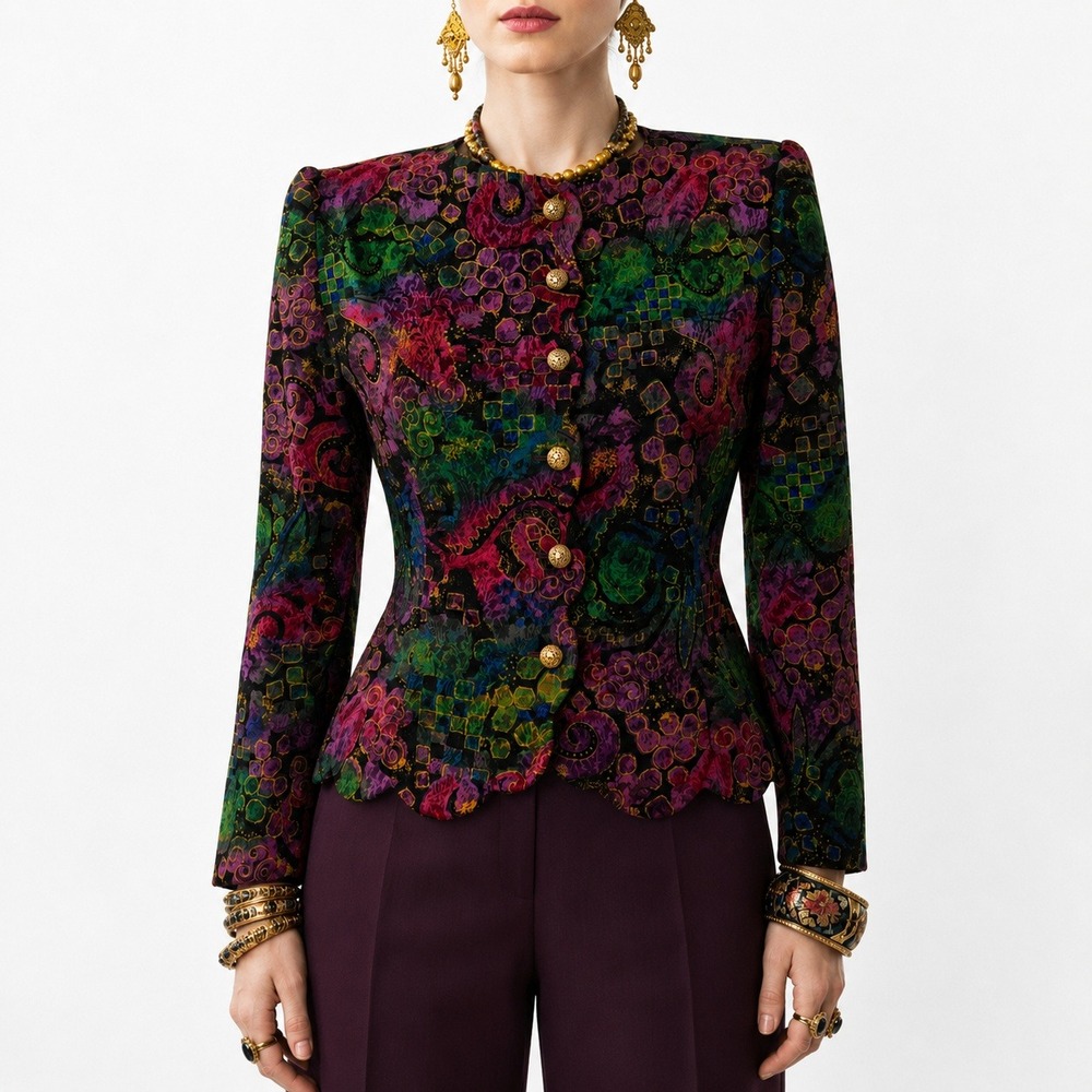 Vintage Scalloped Hem Blazer Women 8 Burgundy Paisley Geometric Abstract Printed